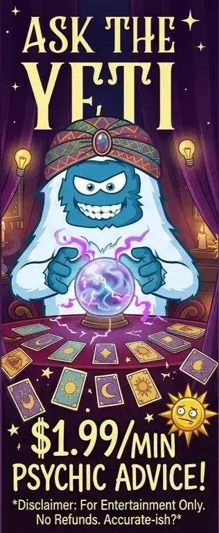 Ask the Yeti: $1.99/minute psychic advice. For entertainment only. No refunds.